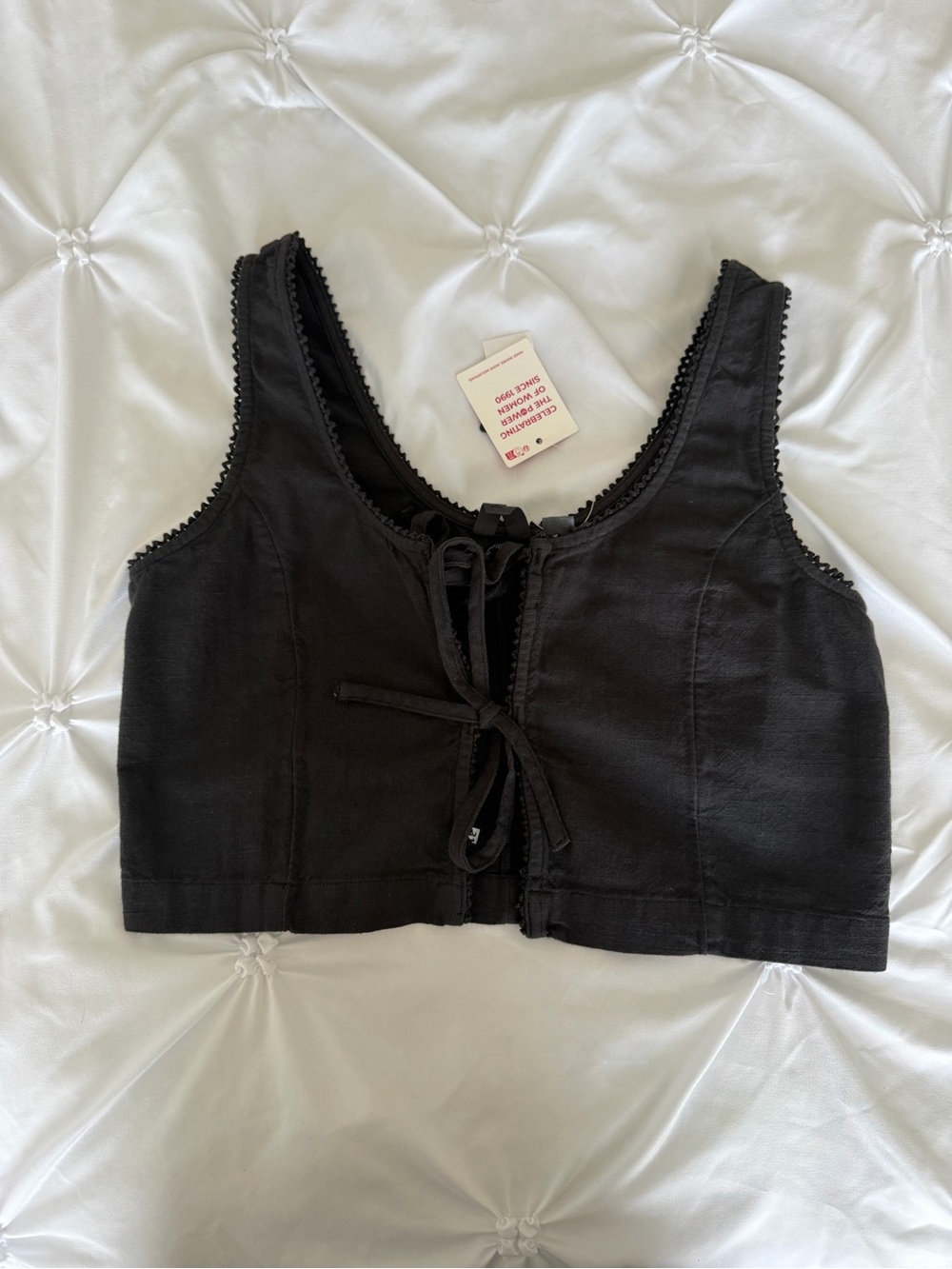 Roxy Black Lace-Edge Tie-Front Crop Top